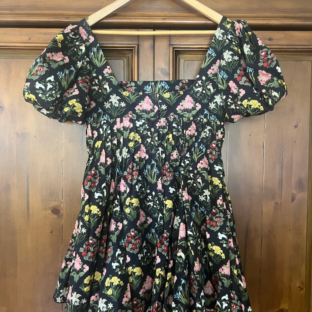 NWT Agua by Agua Bendita Caramelo Pleated Floral-Print Cotton-Poplin Mini Dress